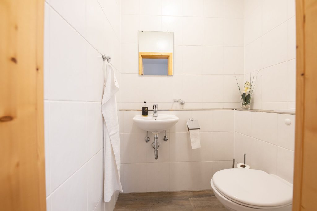 Badezimmer mit einer Toilette und einem Waschbecken in Ferienwohnung in Garmisch-Partenkirchen