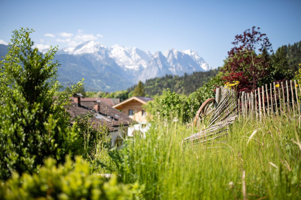 Blick auf die grüne Natur und die schneebedeckten Berge in Ferienwohnung in Garmisch-Partenkirchen