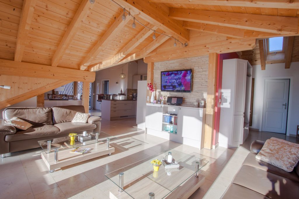 Wohnzimmer mit Fernseher und Sofas in Ferienwohnung in Garmisch-Partenkirchen