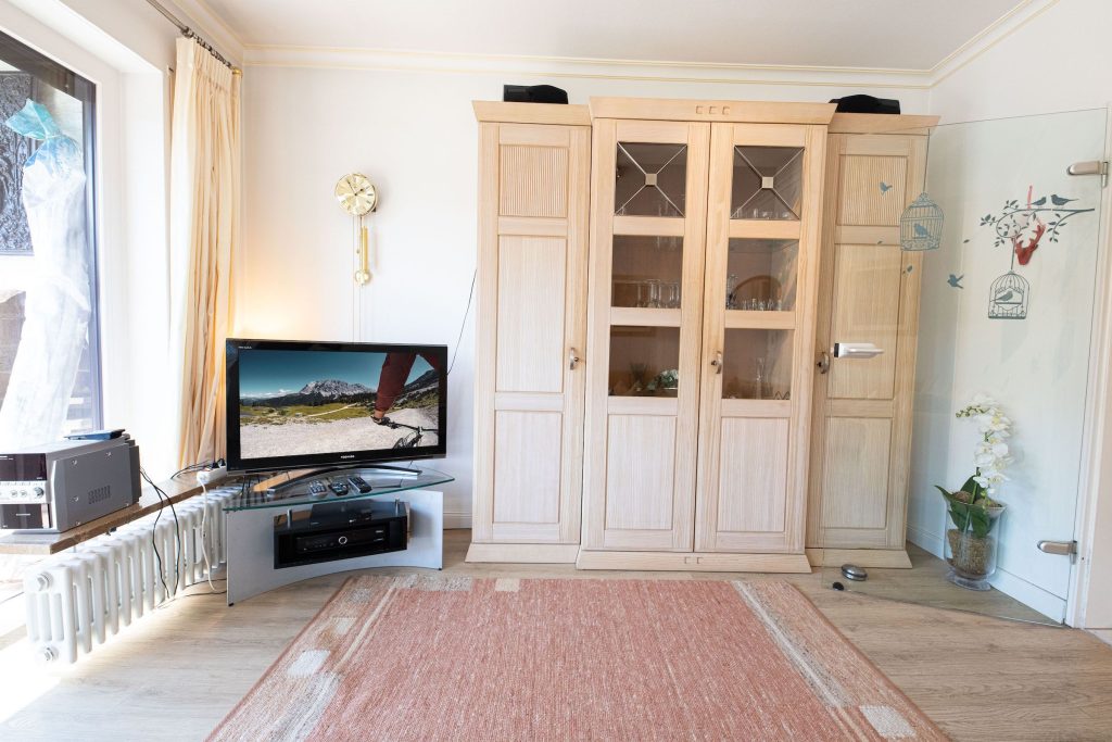 Fernseher und Vitrine und Teppich in Ferienwohnung in Garmisch-Partenkirchen