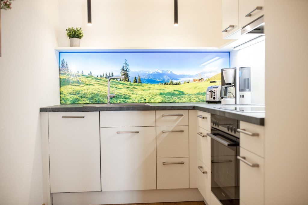 Küchenzeile mit Wandbild in Ferienwohnung in Garmisch-Patenkirchen